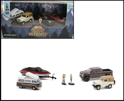Greenlight Diecast Model Car Set Great Outdoors Nissan VW Kombi Camper Chevy Boat + Trailer + figure