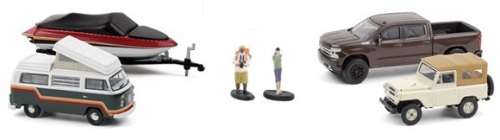 Greenlight Diecast Model Car Set Great Outdoors Nissan VW Kombi Camper Chevy Boat + Trailer + figure
