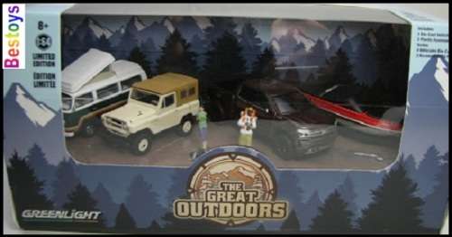 Greenlight Diecast Model Car Set Great Outdoors Nissan VW Kombi Camper Chevy Boat + Trailer + figure