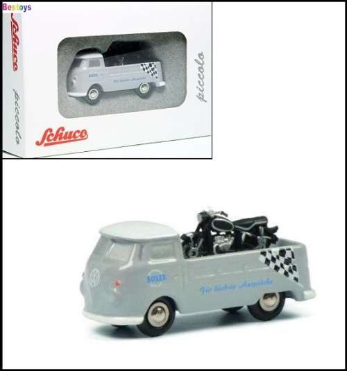 Schuco Piccolo Diecast Model 5635, VW Volkswagen Kombi T 1 T1 Pickup + BMW Motorcycle Bike 1/90 scal