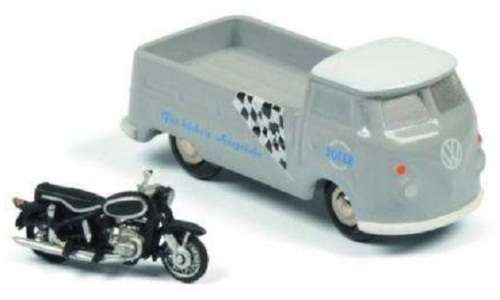 Schuco Piccolo Diecast Model 5635, VW Volkswagen Kombi T 1 T1 Pickup + BMW Motorcycle Bike 1/90 scal