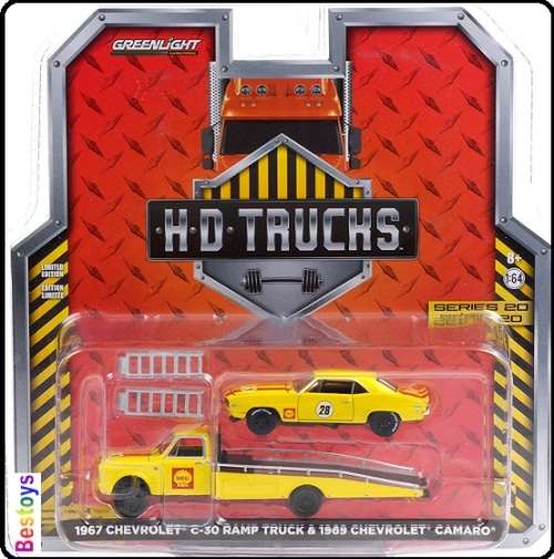 Greenlight Diecast Model Truck Chevy Chevrolet C 30 C30 Ramp Truck 1967 + Camaro 1969 `Shell` 1/64