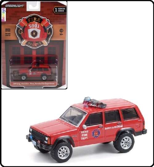 Greenlight Diecast Model Car Fire & Rescue Jeep Cherokee 1990 Reno Nevada Fire Dept 1/64 scale new
