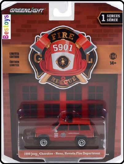 Greenlight Diecast Model Car Fire & Rescue Jeep Cherokee 1990 Reno Nevada Fire Dept 1/64 scale new