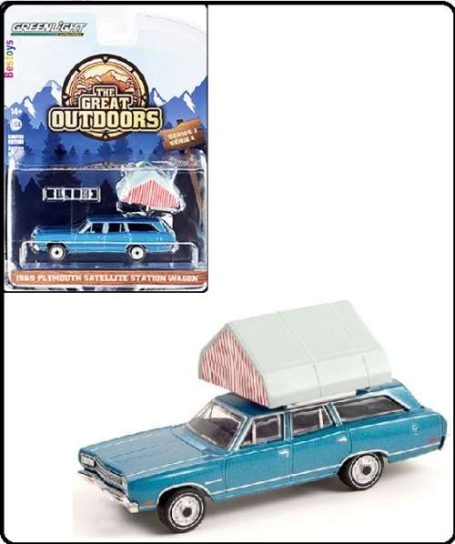 Greenlight Diecast Model Car Outdoors Plymouth Satellite Stationwagon 1969 + Rooftop tent 1/64 scale