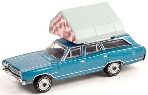 Greenlight Diecast Model Car Outdoors Plymouth Satellite Stationwagon 1969 + Rooftop tent 1/64 scale