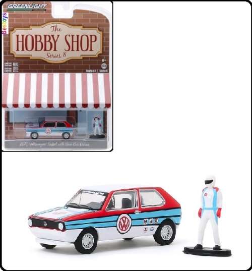 Greenlight Diecast Model Car Hobby Shop VW Volkswagen Rabbit Golf MK 1 1975 + race car driver Figure