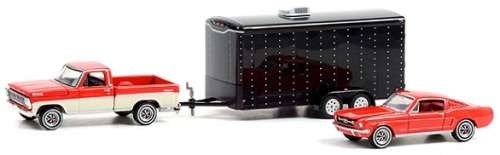 Greenlight Diecast Model Car Set Hollywood Ford F 100 1967 + Mustang 1965 + Trailer History Channel