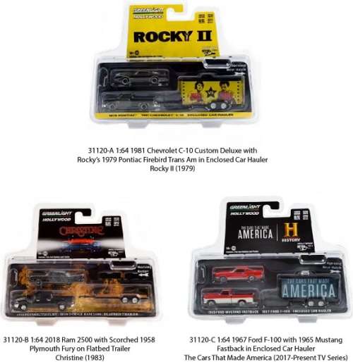 Greenlight Diecast Model Car Set Hollywood Ford F 100 1967 + Mustang 1965 + Trailer History Channel