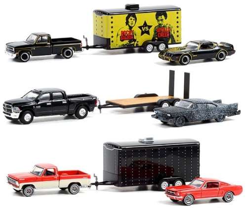 Greenlight Diecast Model Car Set Hollywood Ford F 100 1967 + Mustang 1965 + Trailer History Channel