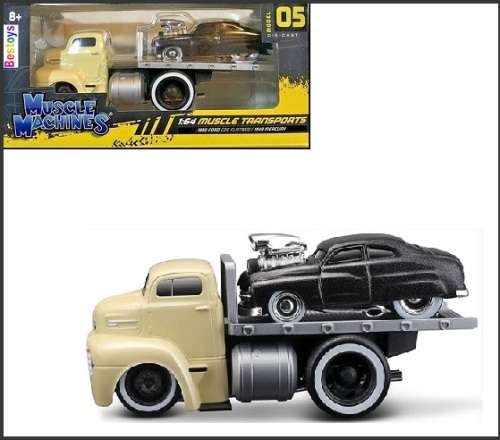 Maisto Muscle Machines Diecast Model Car Transport Ford COE Flatbed 1950 + Mercury 1949 1/64 scale