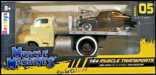 Maisto Muscle Machines Diecast Model Car Transport Ford COE Flatbed 1950 + Mercury 1949 1/64 scale