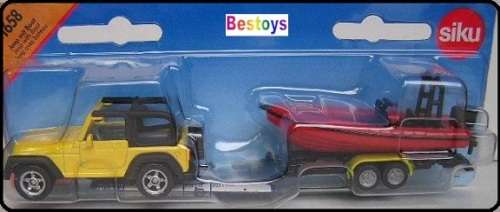 Siku Car 1658 Jeep Wrangler + Inflatable boat with trailer 1/55 scale