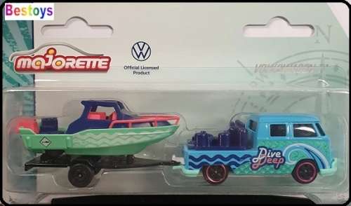Majorette 2 pk VW Volkswagen Kombi T 1 T1 Double Cab Pickup + Boat & Trailer 1/64
