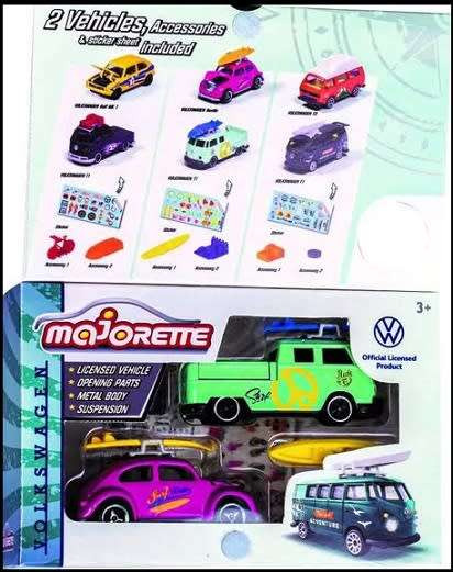 Majorette Diecast Model Car Set VW Volkswagen Kombi T 1 T1 Double Cab Pickup + Beetle + surfboard