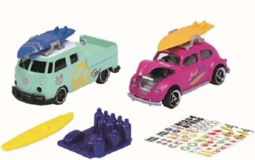 Majorette Diecast Model Car Set VW Volkswagen Kombi T 1 T1 Double Cab Pickup + Beetle + surfboard