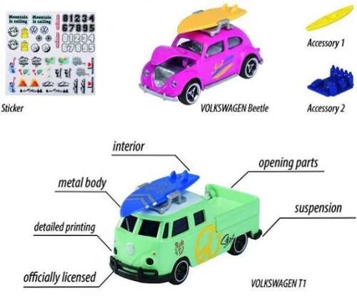 Majorette Diecast Model Car Set VW Volkswagen Kombi T 1 T1 Double Cab Pickup + Beetle + surfboard