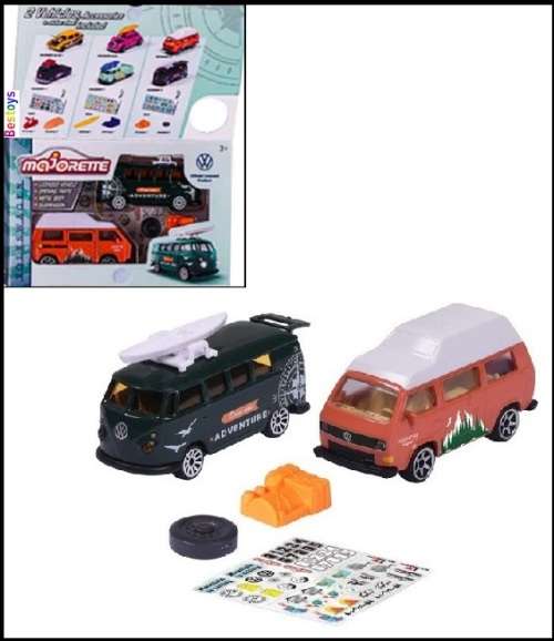 Majorette Diecast Model Car Set VW Volkswagen Kombi T 1 T1 Bus + T 3 T3 Camper Bus + Kayak 1/64