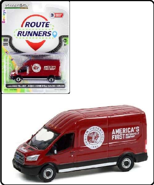Greenlight Diecast Model Car Route Runners Ford Transit Panelvan 2015 `Indian Motorcycles` 1/64 scal