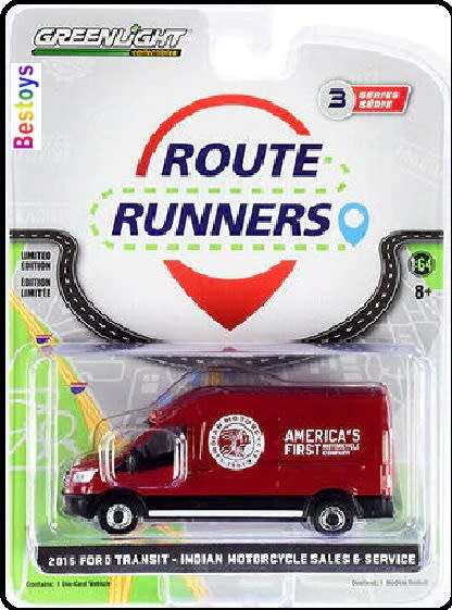 Greenlight Diecast Model Car Route Runners Ford Transit Panelvan 2015 `Indian Motorcycles` 1/64 scal