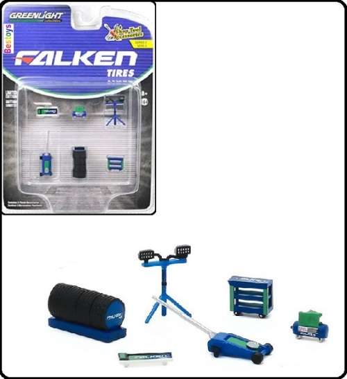 Greenlight Model Accessory Set Garage Workshop Tools Diorama `Falken ` Tyres Trolley jack Compressor
