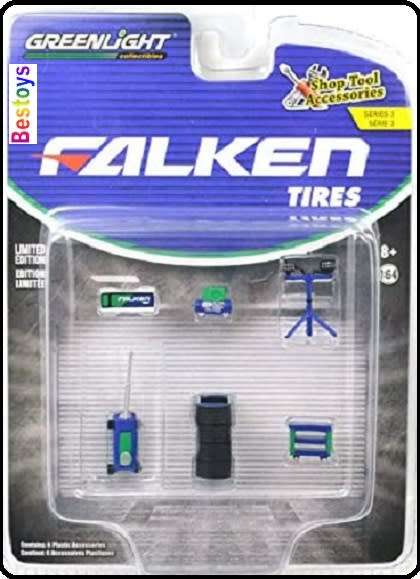 Greenlight Model Accessory Set Garage Workshop Tools Diorama `Falken ` Tyres Trolley jack Compressor