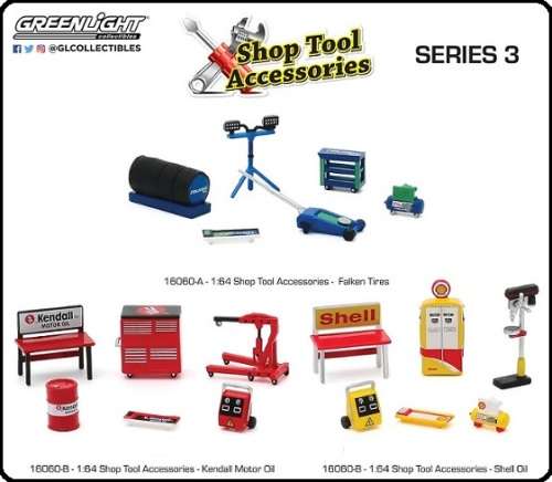 Greenlight Model Accessory Set Garage Workshop Tools Diorama `Falken ` Tyres Trolley jack Compressor