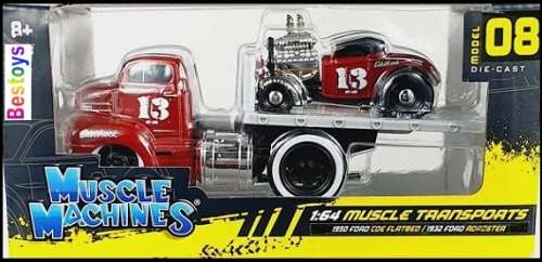 Maisto Muscle Machines Diecast Model Car Transport Ford COE Flatbed Truck 1950 + Ford Roadster 1932