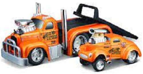 Maisto Muscle Machines Diecast Model Car Transport Mack B 61 Flatbed Truck 1953 + Willys Coupe Gasse