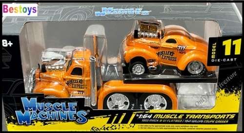 Maisto Muscle Machines Diecast Model Car Transport Mack B 61 Flatbed Truck 1953 + Willys Coupe Gasse