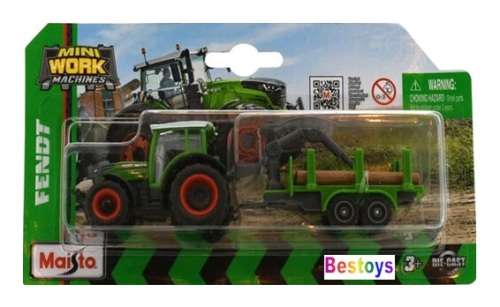 Maisto Mini Work Machines Diecast Model Tractor Fendt 208 + Log Trailer Farm +- 1/64 scale