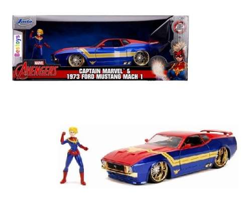 JADA Diecast Model Car 31193 Ford Mustang Mach 1 1973 & Captain Marvel Avengers Figurine 1/24 scale