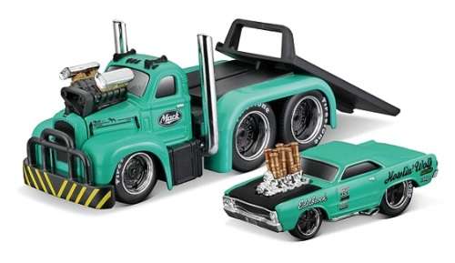 Maisto Muscle Machines Diecast Model Car Transport Mack B 61 B61 Flatbed 1953 + Dodge Dart Hemi Gass
