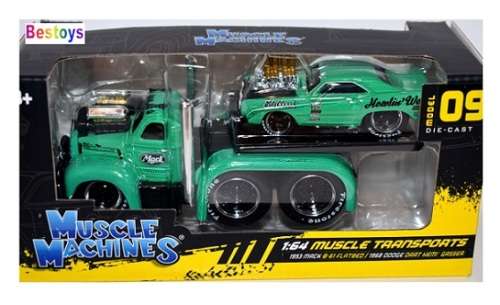 Maisto Muscle Machines Diecast Model Car Transport Mack B 61 B61 Flatbed 1953 + Dodge Dart Hemi Gass
