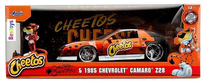 JADA Diecast Model Car 34384 Chevy Chevrolet Camaro Z 28 Z28 1985 and Chester Cheetah figure Cheetos