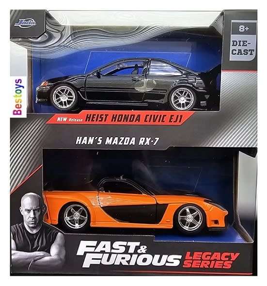 JADA Diecast Model Car 2 pk Honda Civic EJ1 Heist + Mazda RX 7 Han Fast & Furious Movie Film TV 1/32