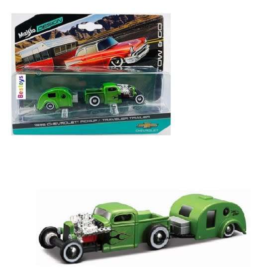 Maisto Diecast Model Car Tow & Go Chevy Chevrolet Pickup 1936 + Traveler Trailer Camper 1/64 scale