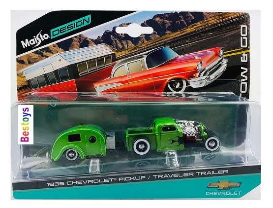 Maisto Diecast Model Car Tow & Go Chevy Chevrolet Pickup 1936 + Traveler Trailer Camper 1/64 scale