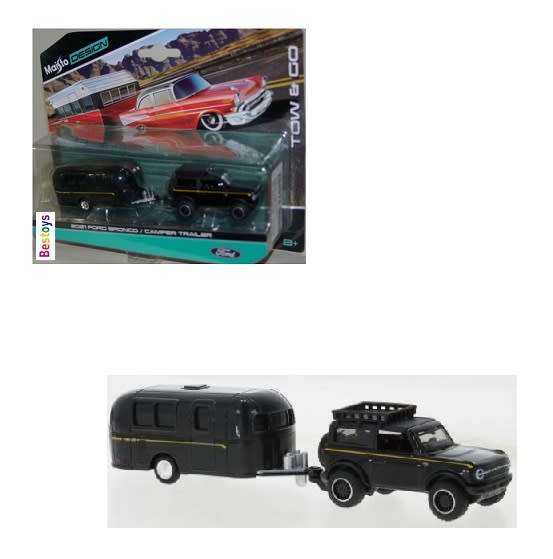 Maisto Diecast Model Car Tow & Go Ford Bronco 2021 + Camper Trailer Caravan 1/64 scale