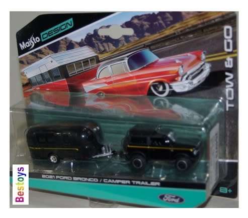 Maisto Diecast Model Car Tow & Go Ford Bronco 2021 + Camper Trailer Caravan 1/64 scale