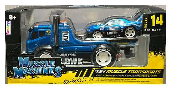 Maisto Muscle Machines Diecast Model Car Transport JDM Flatbed Truck + Nissan Skyline GT R R34 1999