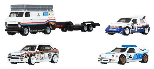 Hot Wheels Premium Set Rally Legends Ford RS Lancia MG Hauler + Trailer
