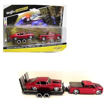 Maisto Elite Transport Chevy Chevrolet Silverado SS Pickup 2004 + Chevy Nova 1970 + trailer 1/64 sca