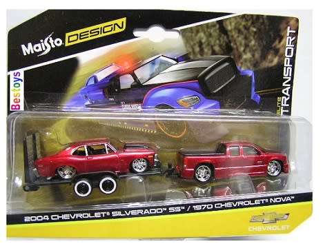 Maisto Elite Transport Chevy Chevrolet Silverado SS Pickup 2004 + Chevy Nova 1970 + trailer 1/64 sca