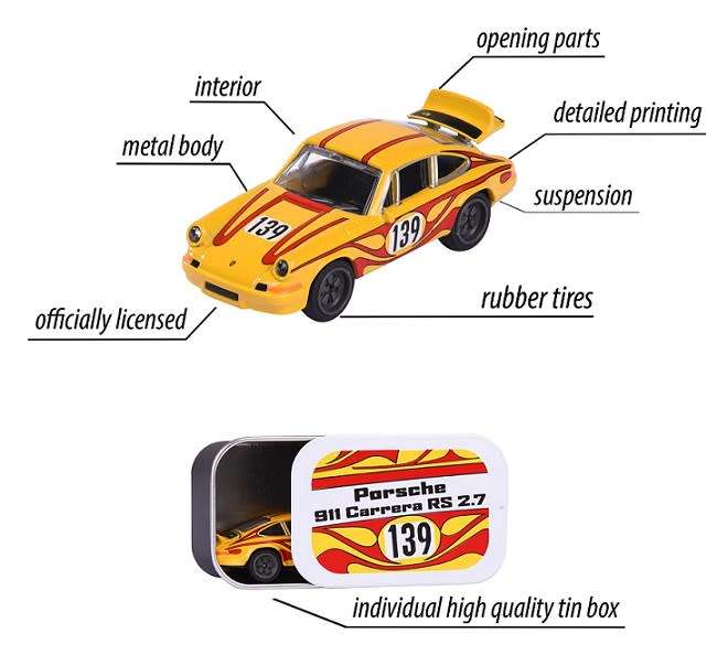 Majorette Diecast Model Car Porsche Series Porsche 911 Carrera RS 2.7 No 139 + Collector Tin 1/64