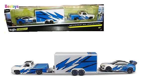 Maisto Model Car Design Series Team Hauler Chevy Chevrolet 1500 Pickup 1987 + Subaru BRZ 2019 + Trai