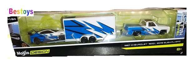 Maisto Model Car Design Series Team Hauler Chevy Chevrolet 1500 Pickup 1987 + Subaru BRZ 2019 + Trai