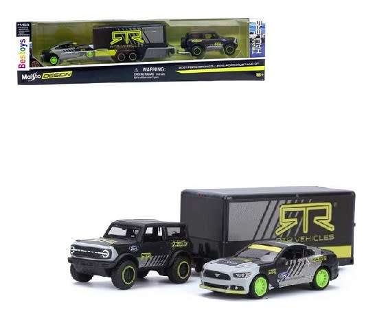 Maisto Diecast Model Car Design Series Hauler Ford Bronco 2021 + Ford Mustang GT 2015 + Enclosed Tra