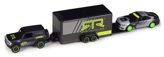Maisto Diecast Model Car Design Series Hauler Ford Bronco 2021 + Ford Mustang GT 2015 + Enclosed Tra