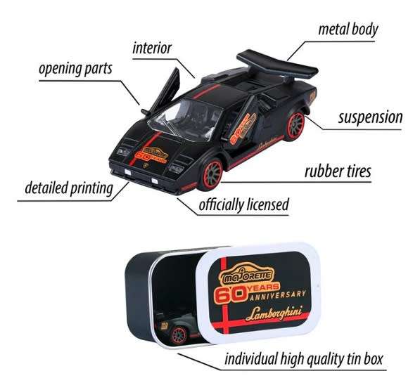 Majorette Diecast Model Car Anniversary Edition Lamborghini Countach LP 400 + collector tin 1/64